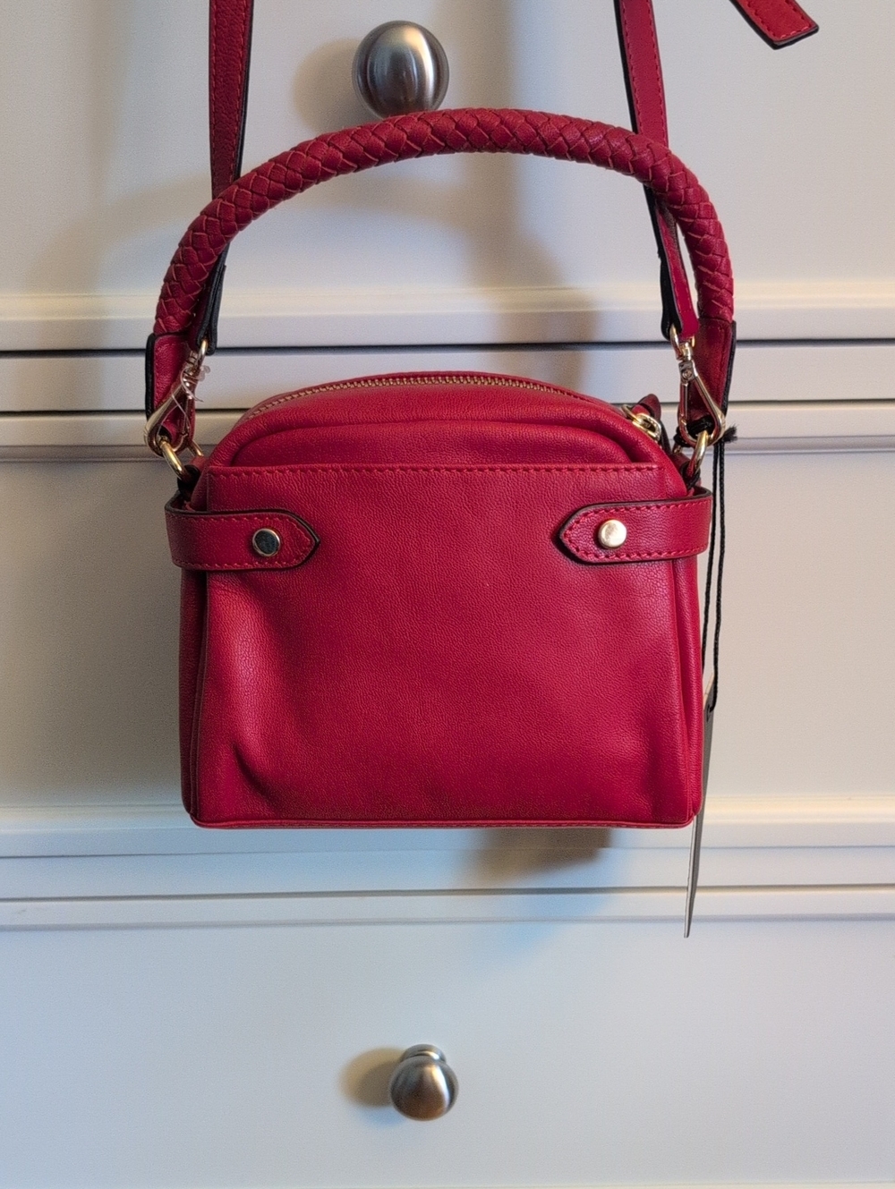 Lodis Structured Leather Mini Crossbody Bag in Red with Braided Top Handle.